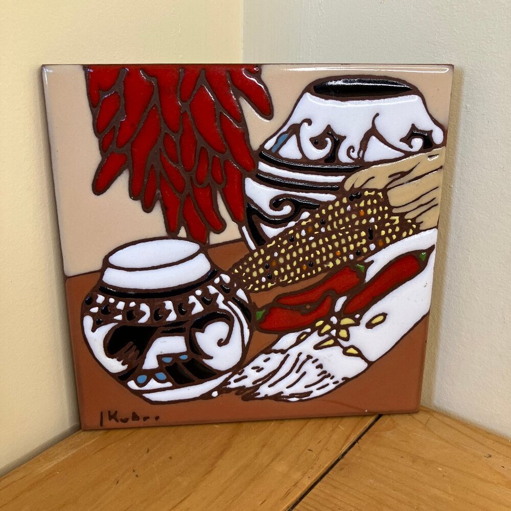Earthtones Southwestern Chilies Tile Trivet 1999 Vintage USA Signed L Kuhne